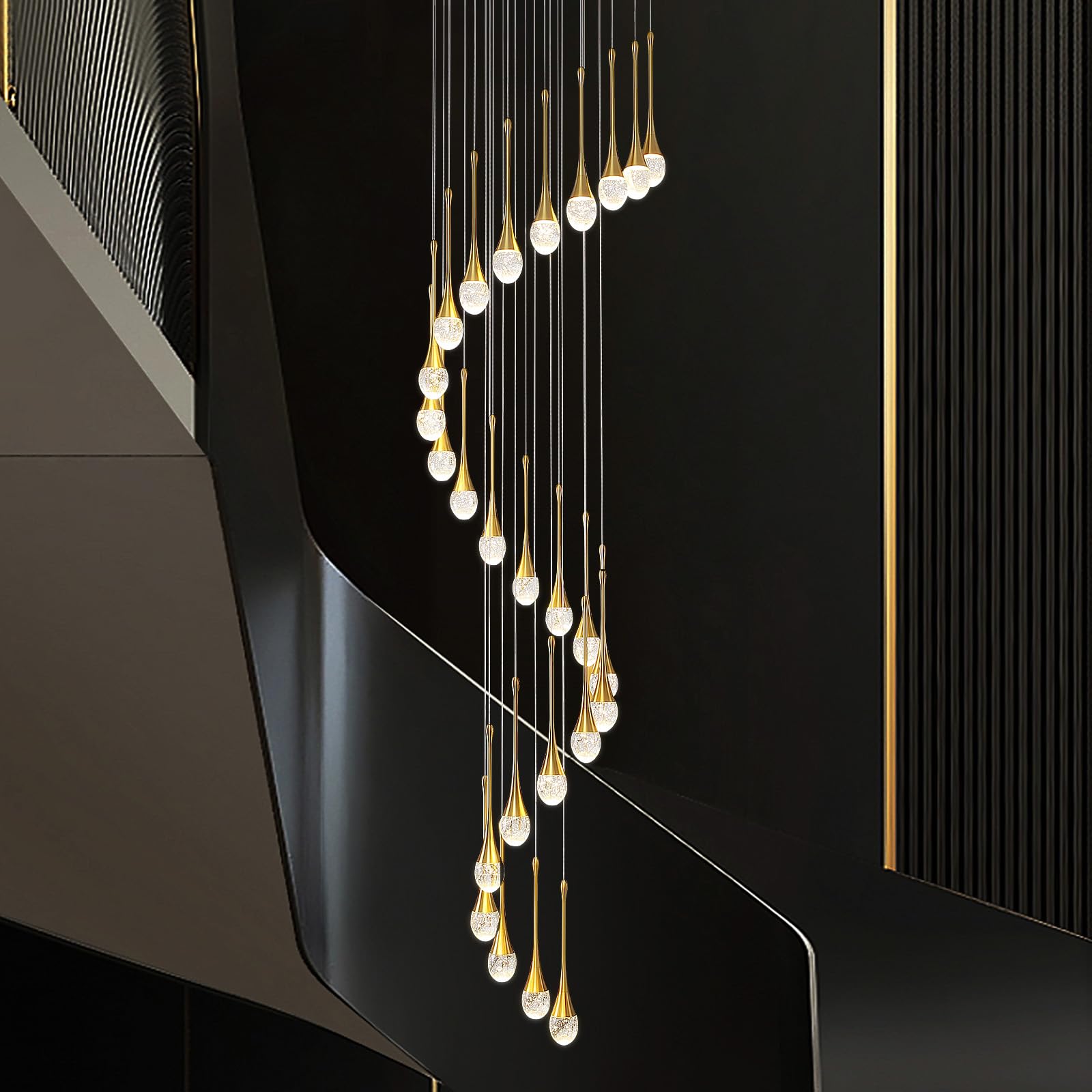 Zenithbeam Gold 138''/350Cm Foyer Entrance Crystal Chandeliers Big Living Room 26Lights En Staircase Pendant Chandeliers High Ceiling Hanging Crystal Column Chandelier Attic Dimmable 2700-6000K Big Fixtures