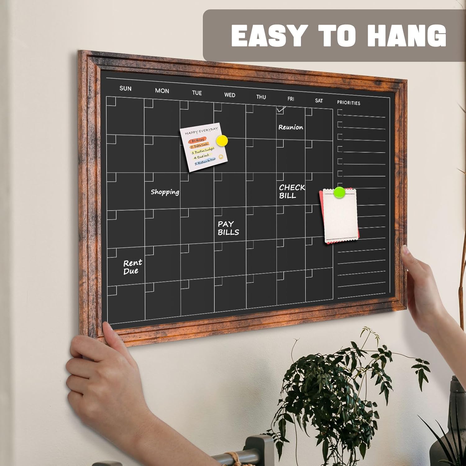 4 THOUGHT Chalkboard Calendar 36" x 24", Magnetic Calendar Chalkboard for Wall Hanging Chalk Boards Sign Menu Board Monthly Planner Rustic Brown Frame for Kitchen Decor Home Office 8 Magnets 1 Marker