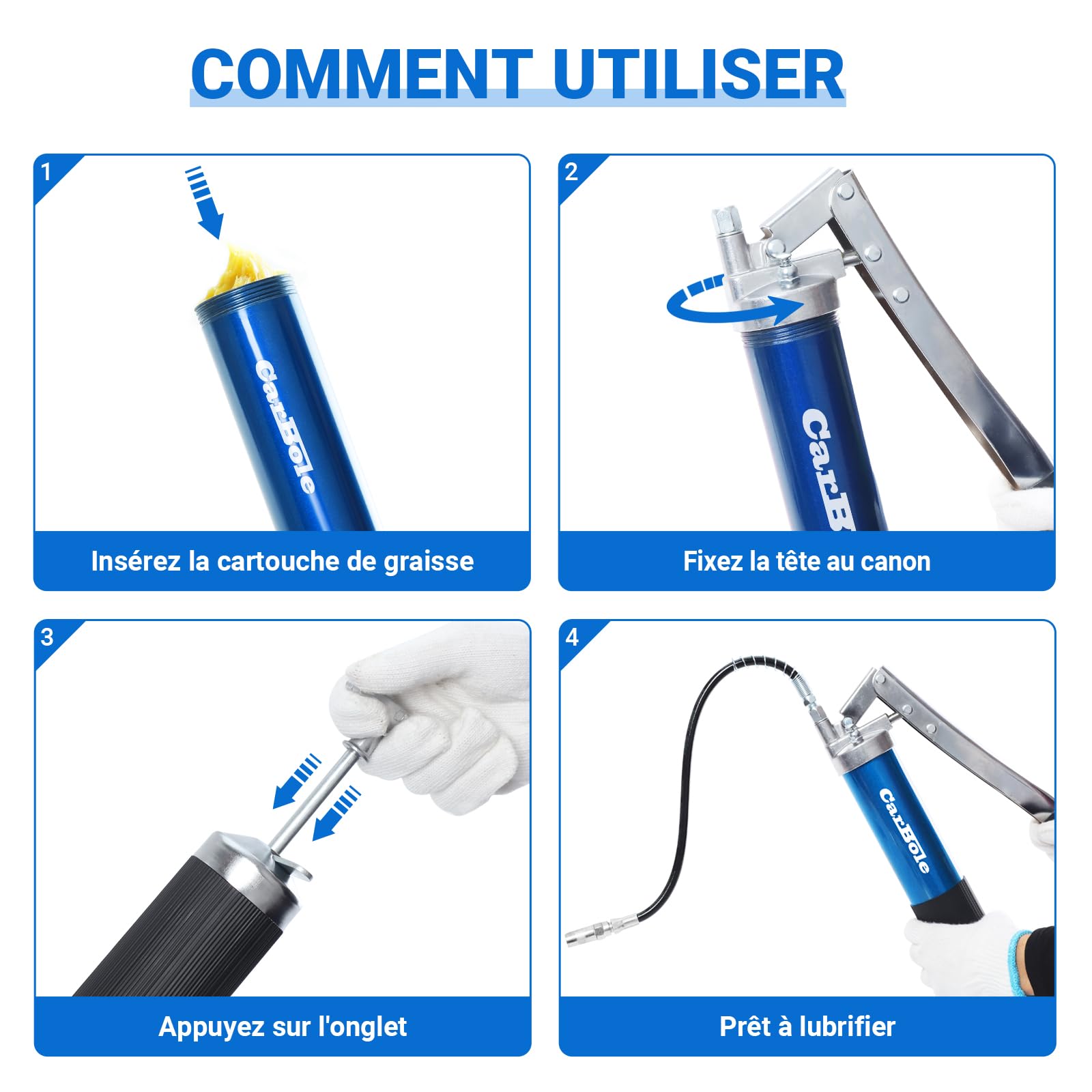 CarBole Ingrassatore Manuale,Pistole per Grasso Professionale 8000PSI,con Tubo Flessibile 12 Pollice,Tubo di Estensione in Metallo 6 Pollici,Ugello Appuntito,Cartuccia da Compatibile 400ml