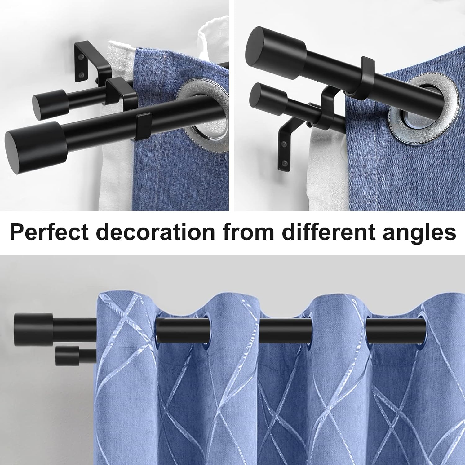 Black Double Curtain Rods for Windows 72 to 144 Inch(6-12Ft),Adjustable Telescoping Double Curtain Rod with Cylindrical End Cap,1 Inch Diameter Heavy Duty Double Drapery Rod Set 72-144”,Matte Black : Home & Kitchen