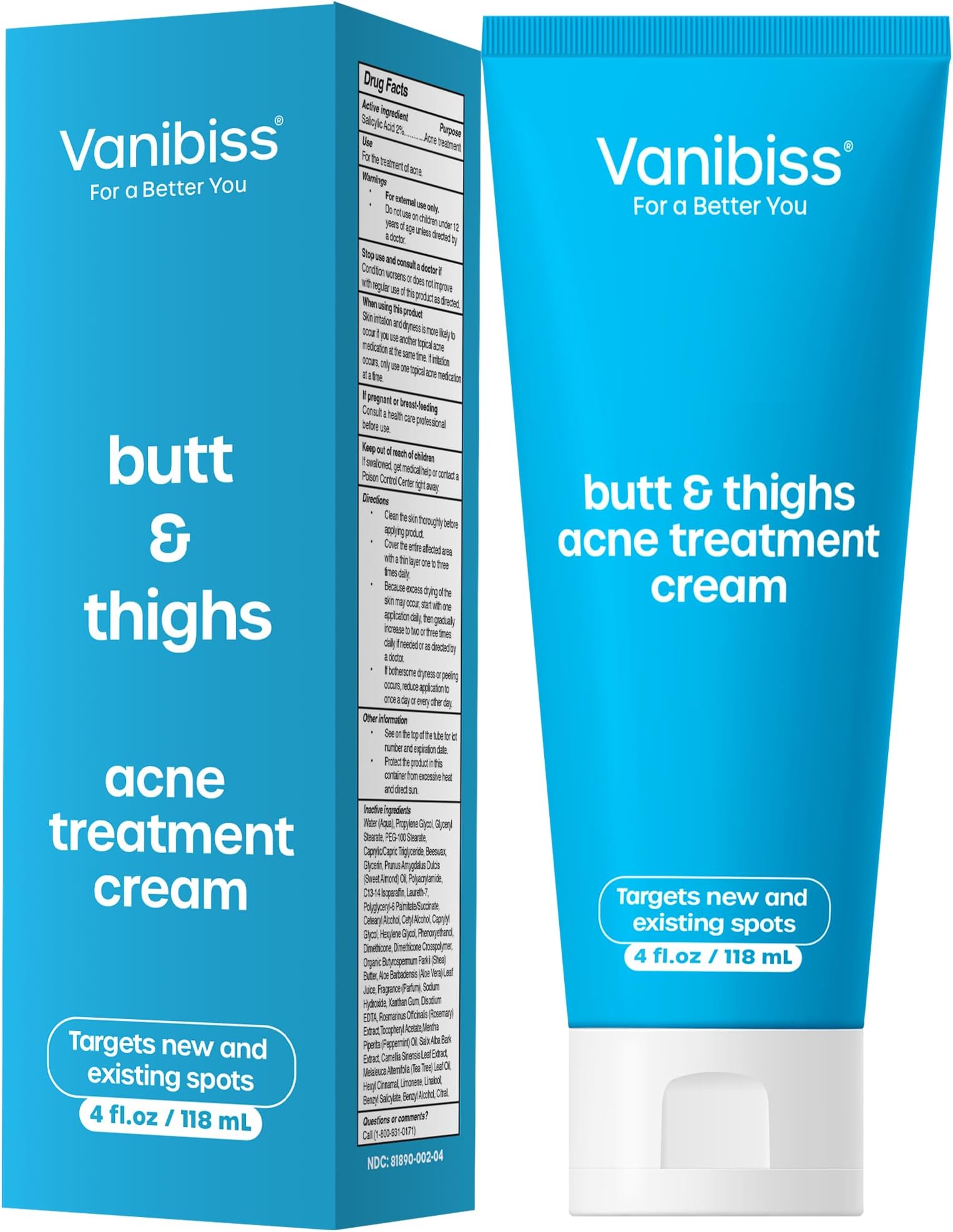 Vanibiss Butt & Thighs Acne Clearing Treatment - Back Acne Treatment - Body Acne Treatment Cream with 2% Salicylic Acid for Women - 4oz