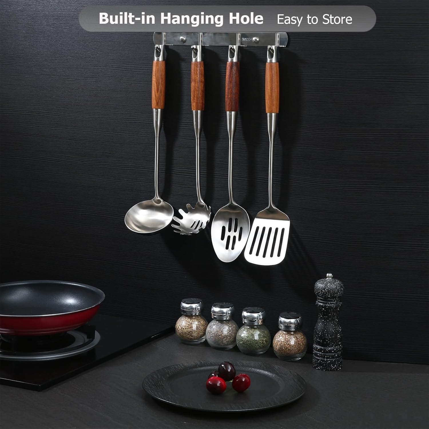 Juego de utensilios de cocina, utensilios de cocina de acero inoxidable 304 con mango de madera, juego de 4 utensilios de cocina de acero inoxidable, espátula ranurada, pasta, cuchara, cucharón de