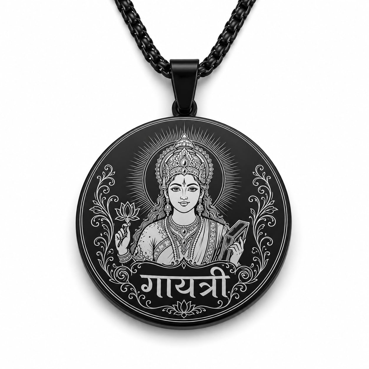Gayatri Mata Stainless Steel Gold Pendant Necklace for Men and Women Double Side Engraved Religious Pendant with Gayatri Mantra Round Pendant 50x30mm 22 Inch Chain SPn2026428-image-19