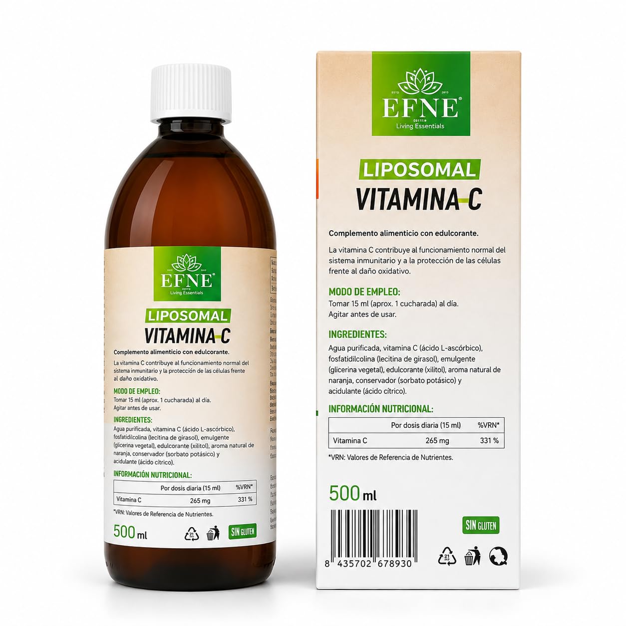 Vitamina C Liposomal 100% | Botella de 500 ML | 5 Gramos de LIPOSOMAL por 10 ML | Máxima absorción | Dosificación Potente | Suministro para más de 1 mes | EFNE |