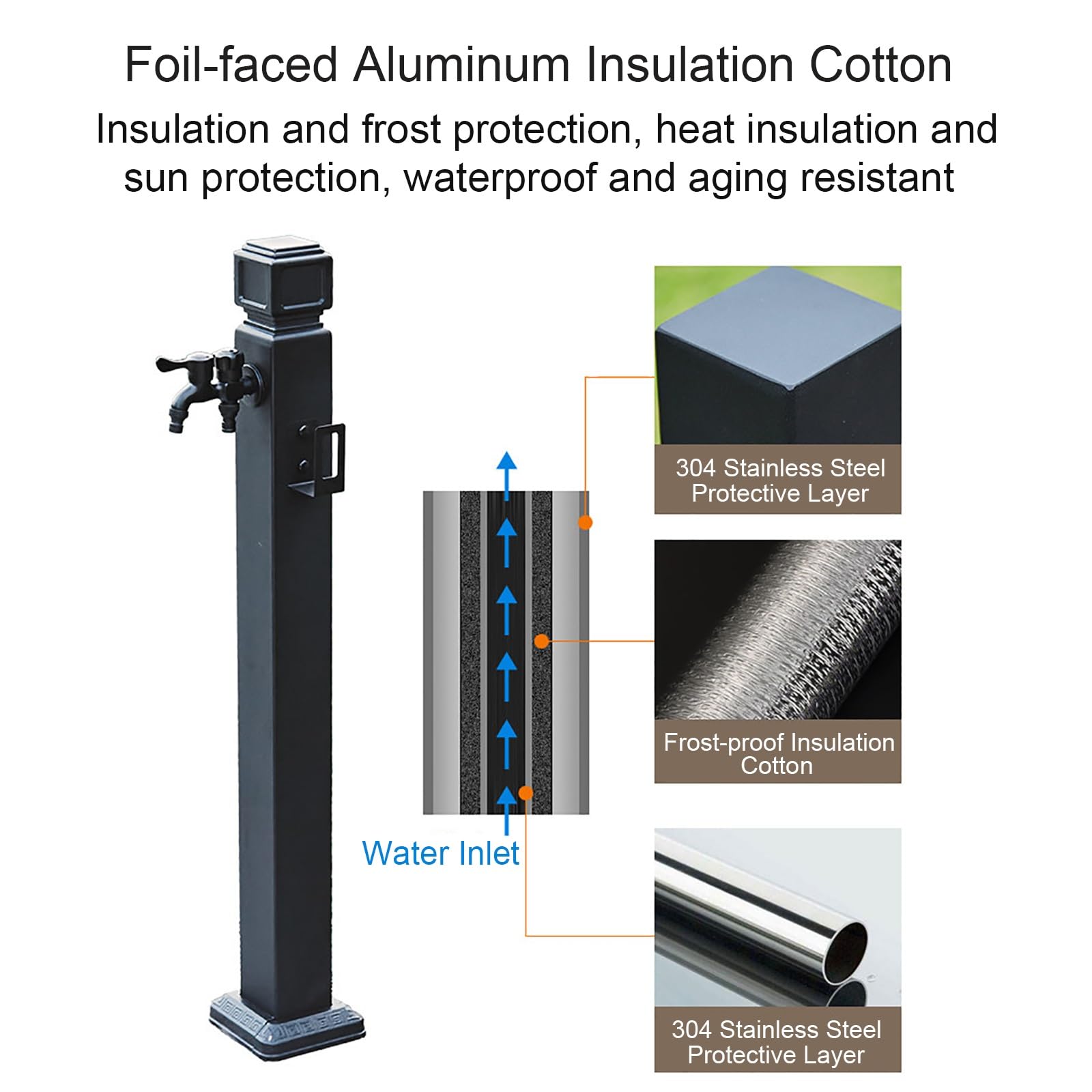 Colonne D'eau de Jardin Extérieure en Acier Inoxydable 304, Robinets Autoportant Antigel avec Double Sortie, Colonne À Eau avec Robinet, Support de Tuyau et Sac Antigel pour Jardin(95cm/37in)