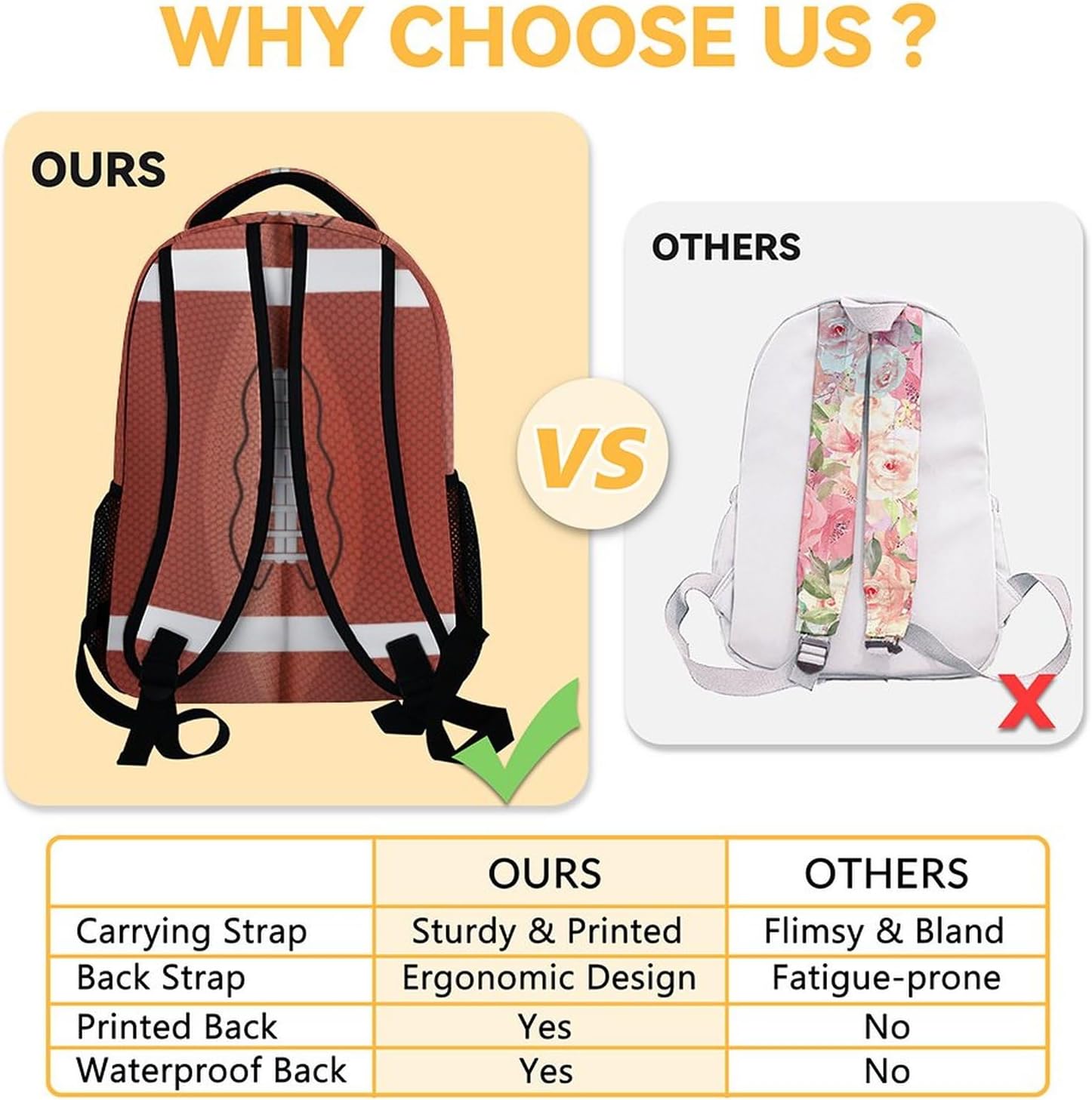 Football School Backpack for Boys, 16 Inch Brown Backpacks for Kids, Cool Lightweight Bookbag for Travel