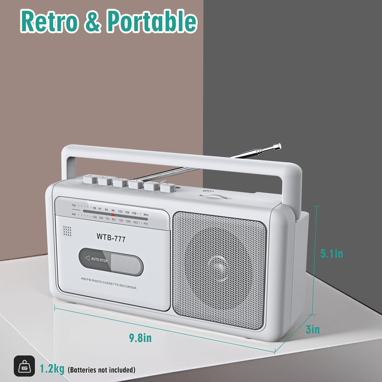 Image showing the dimensions of the WIITHINK WTB-777: 9.8 inches length, 3 inches width, 5.1 inches height.