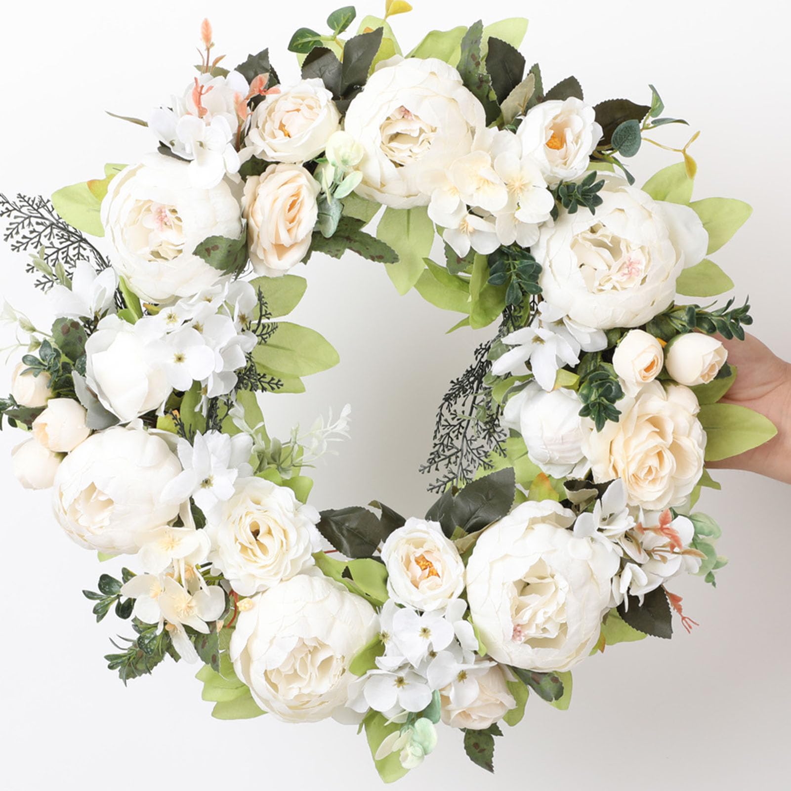 RIZGHWOY Ghirlanda Floreale di Peonia Rosa Artificiale, Decorazione da Appendere Alla Porta con Fiori Finti Fatti a Mano da 17,7 Pollici per la Casa della Parete di Nozze (WHITE)