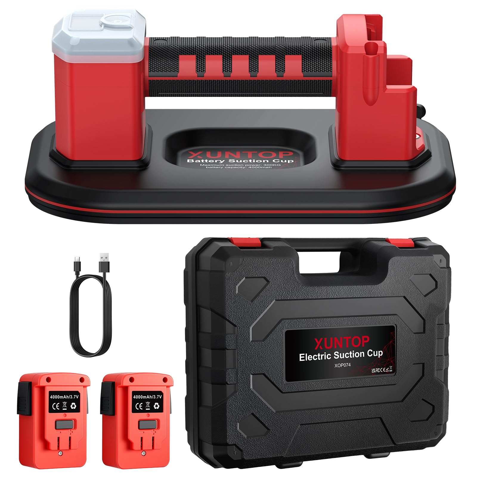 XUNTOP 10" Ventosa a Batteria Professionale 300KG a Doppio Motore 9000 Giri/min con Display LCD, Sollevatore Elettrico Aspirazione Automatica per Piastrelle e Vetro, con Extra Batteria di Ricambio