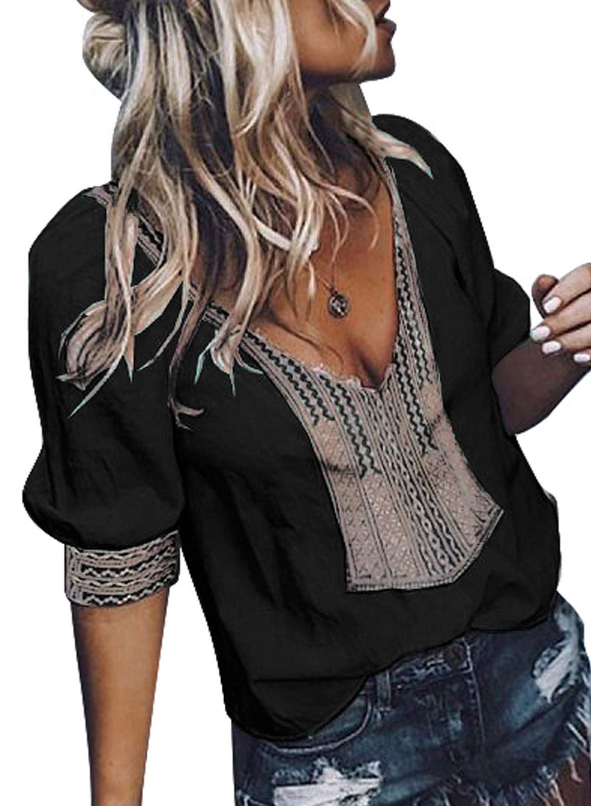 Aleumdr Women's Shirts Elegant Bohemian Short Sleeve Sexy V Neck Summer Casual Blouse and Tops Black Large 12 14