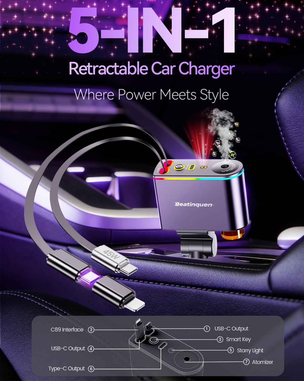 【Aktualizacja z 2026 r.】 Wysuwana ładowarka samochodowa 5 w 1 USB C - szybkie ładowanie, chowana ładowarka samochodowa do telefonu z dyfuzorem odświeżacza powietrza w samochodzie, adapter do