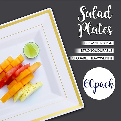 Miniatura 6 de Paquete de 60 platos de plástico  Platos cuadrados de plástico dorado con elegante borde dorado de 95 pulgadas desechables para bodas cumpleaños