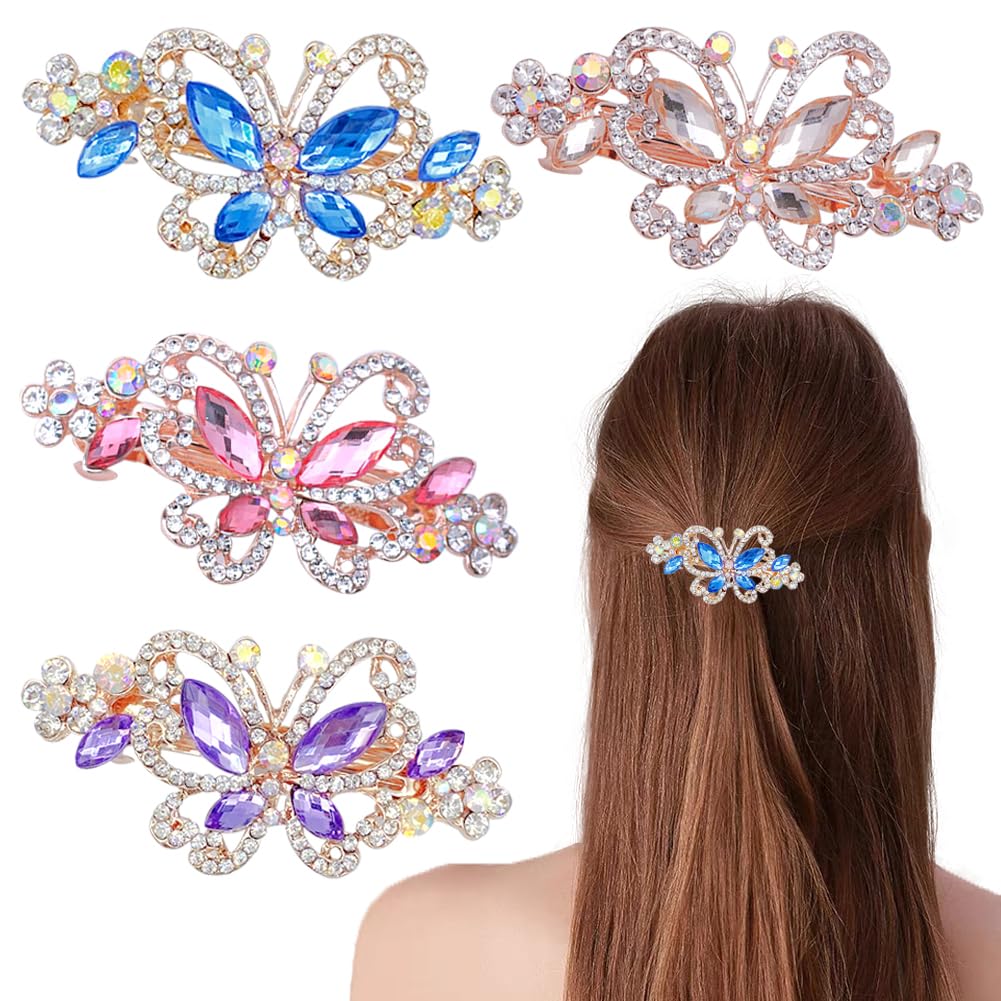 4 PCS Hair Clips for Women Ladies, Butterfly Design Crystal Rhinestones French Barrettes Spring Hair Barrettes Clip, Women Fashion Ponytail Holders Barrettes for Daily Wear (Multicolor)