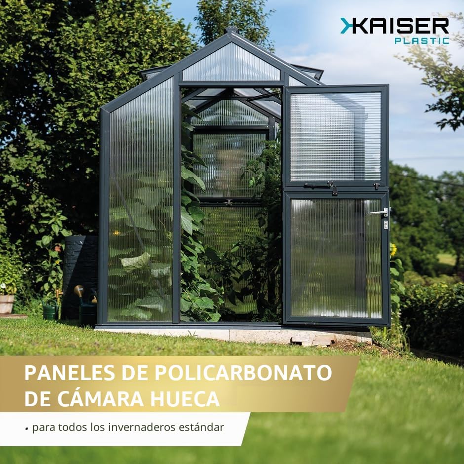 KAISER plastic Xtra Strong Juego de 14 placas de invernadero, grosor de 4 mm, 1210 x 605 mm, policarbonato (PC), 10,25 m2, peso: 700 g/m2, placa de cámara hueca