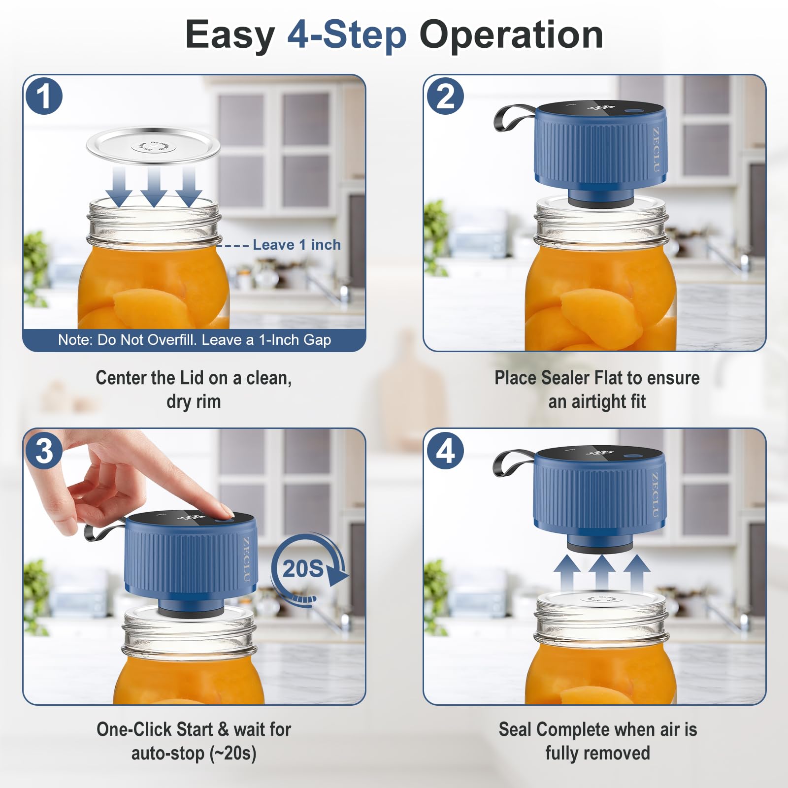 ZECLU Electric Mason Jar Vacuum Sealer Kit, Automatic Jar Sealer for Wide and Regular Mouth Mason Jars, Portable Cordless Vacuum Sealer for Canning and Food Storage, Includes 20 Lids, 24 Labels, Blue - 4