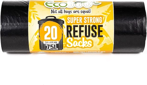 EcoBag 20 Super Strong Refuse Sacks, 75 Litres, Black