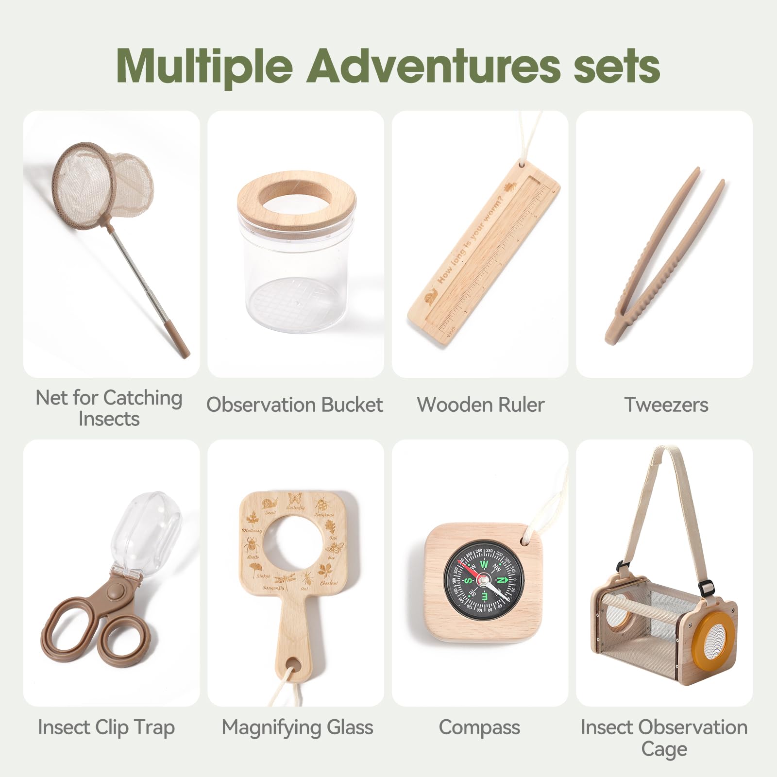 WOODEN TEETHER Set da ricercatori in legno massello per bambini,per attività all'aria aperta (9 pezzi)
