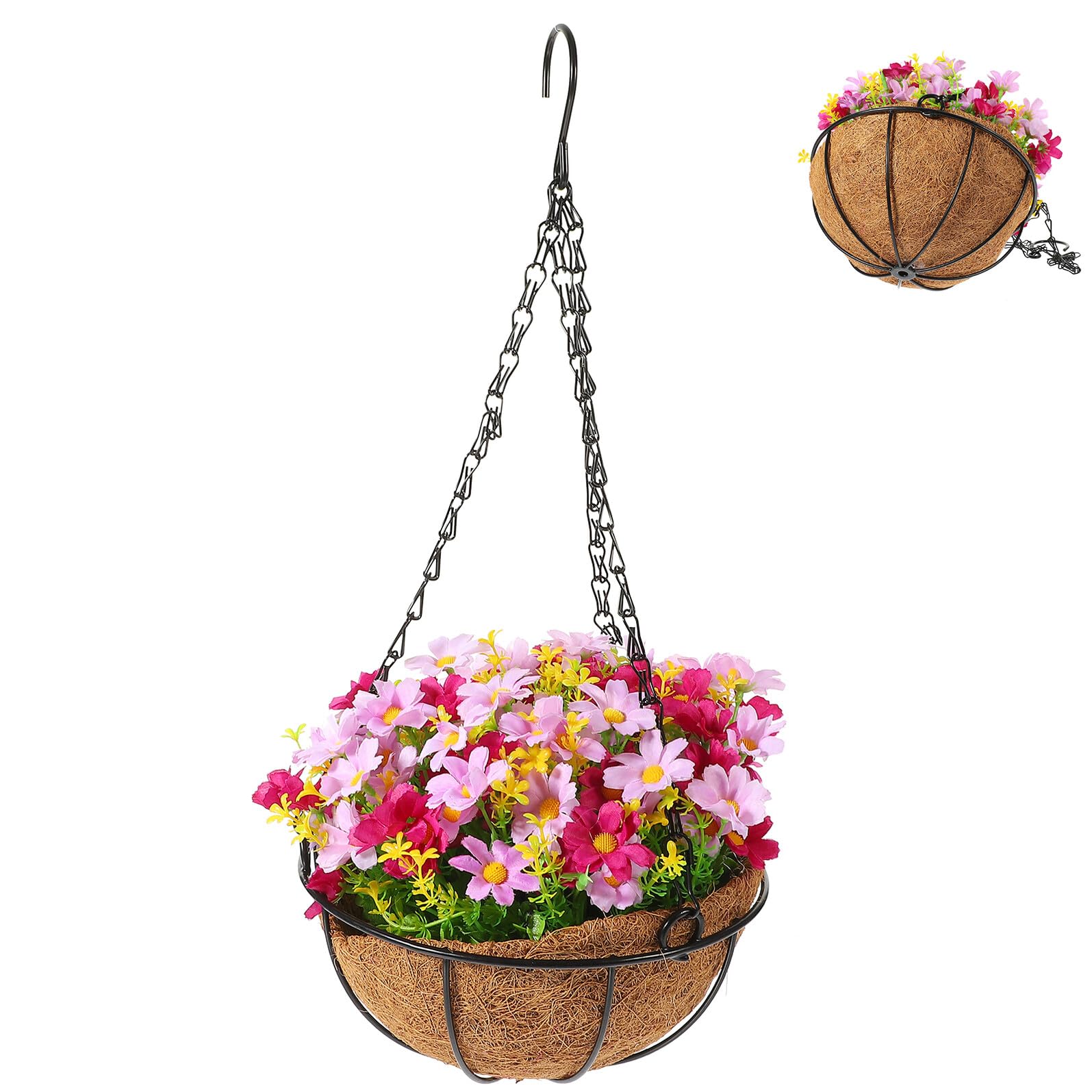 Panier suspendu fleurs artificielles roses pour déco jardin