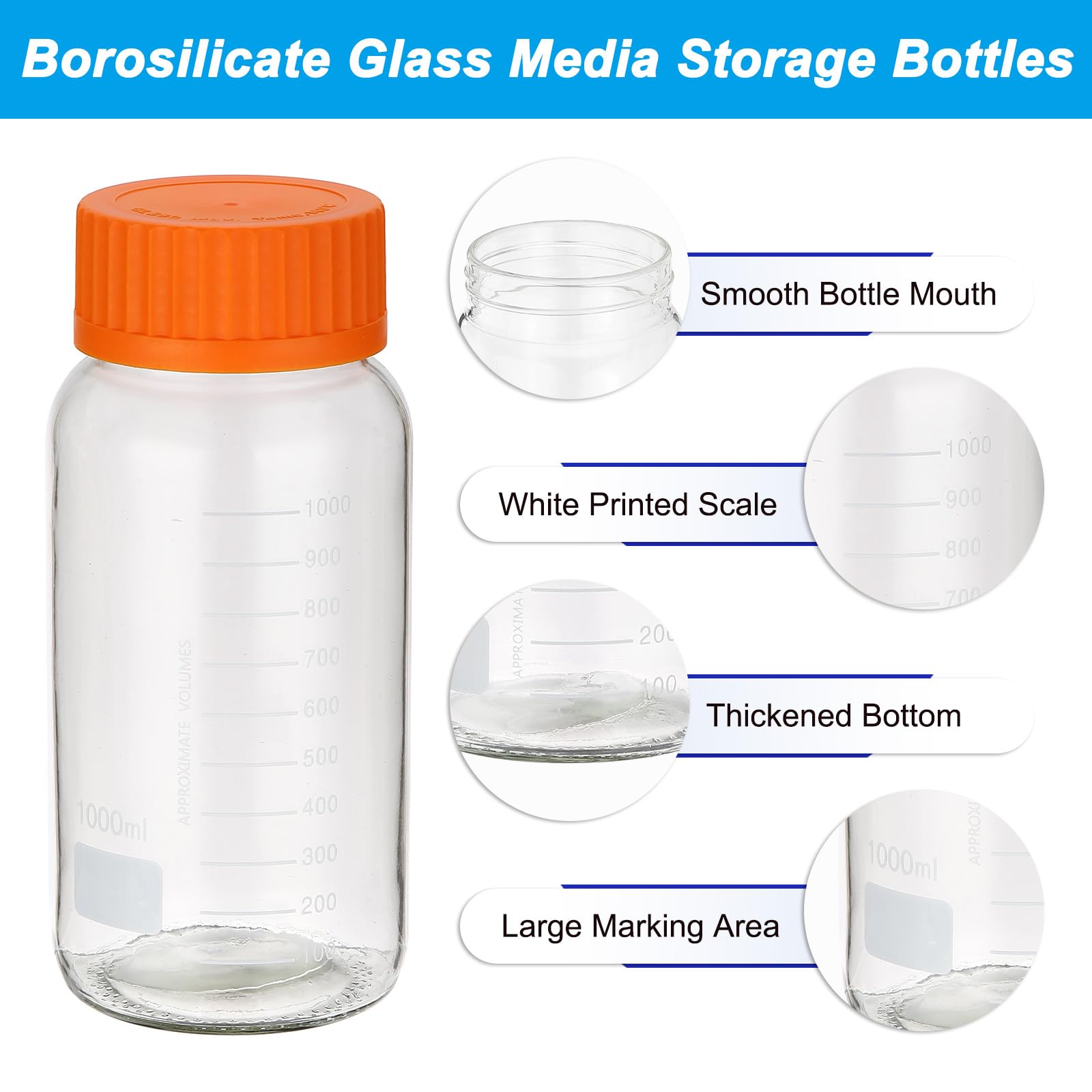 PATIKIL Confezione da 3 bottiglie rotonde per reagenti, in vetro borosilicato da 1000 ml, a bocca larga, graduate, con tappo a vite GL32 arancione, per liquidi reagenti d'acqua di laboratorio,