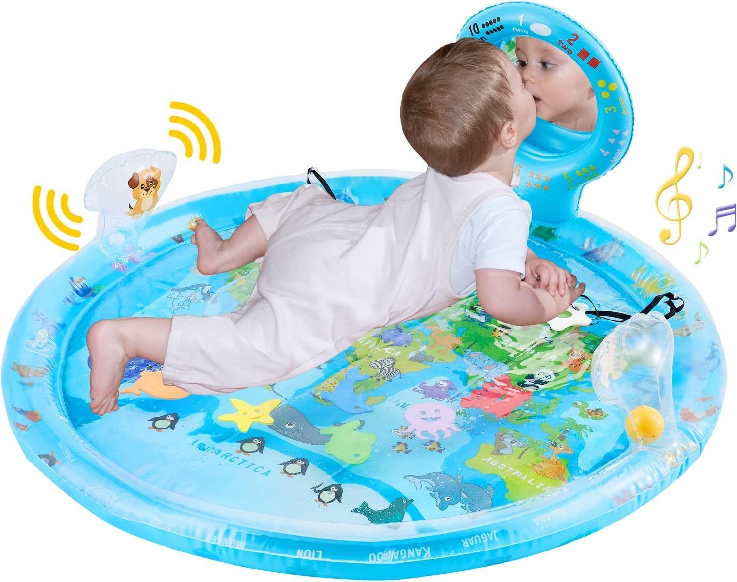 Extra Large Tummy Time Mat 80x80cm, Inflatable Water Play Mat with Mirror, Rattle, Teethers & Floating Sea Animals