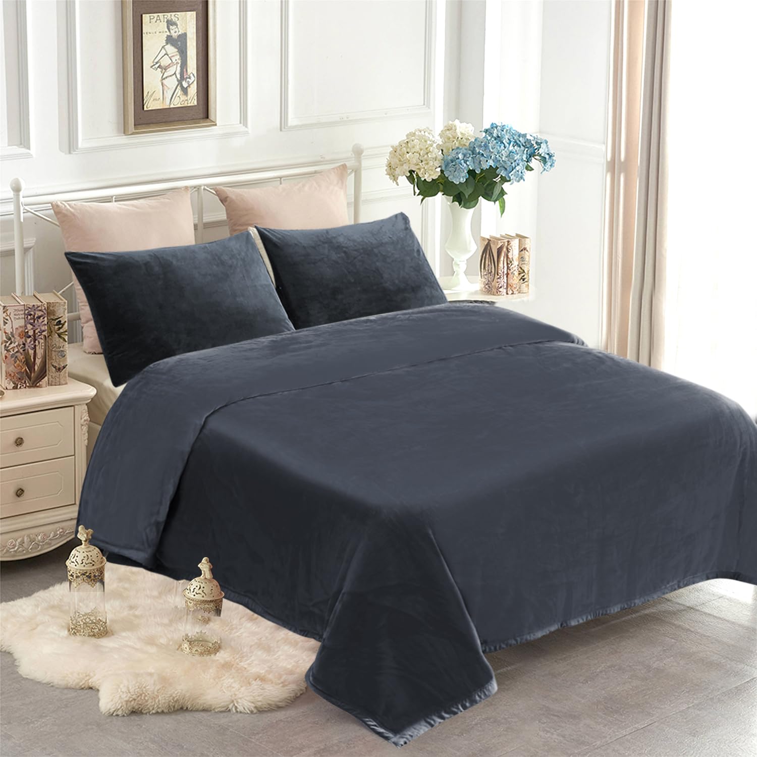 JYK Coperta in flanella in stile visone coreano queen, 1,6 kg, 1 strato, extra morbida, leggera, traspirante, soffice, soffice e accogliente coperta per divano, letto e campeggio, 201 x 231 cm, grigio