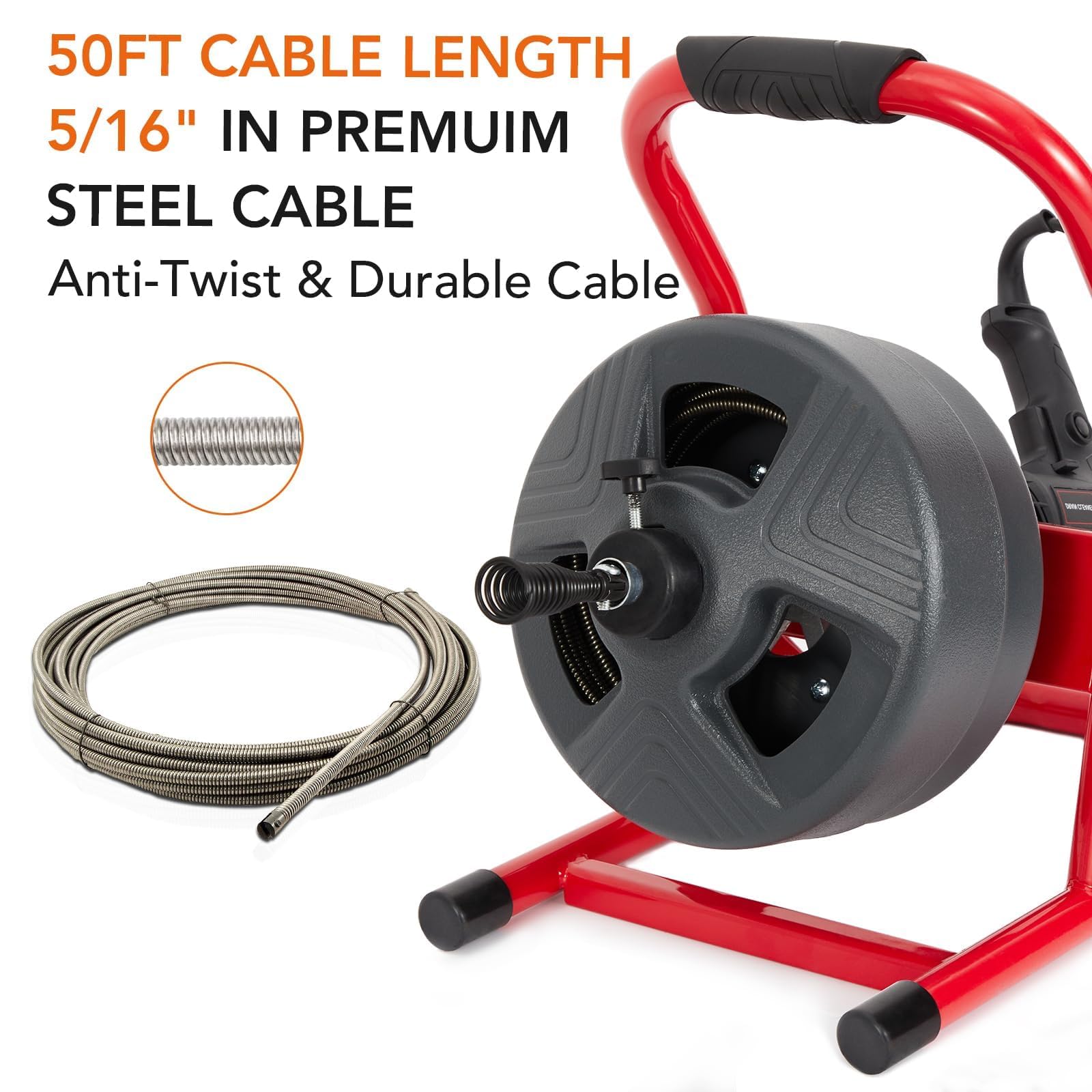 PIONEERWORKS 50Ft x 5/16 Inch Drain Cleaner Machine, Electric Drain Auger Professional for 3/4 to 3 Inch Pipes, Foot Switch with 6 Cutters, Glove, Drain Auger Cleaner Sewer Snake - DA04