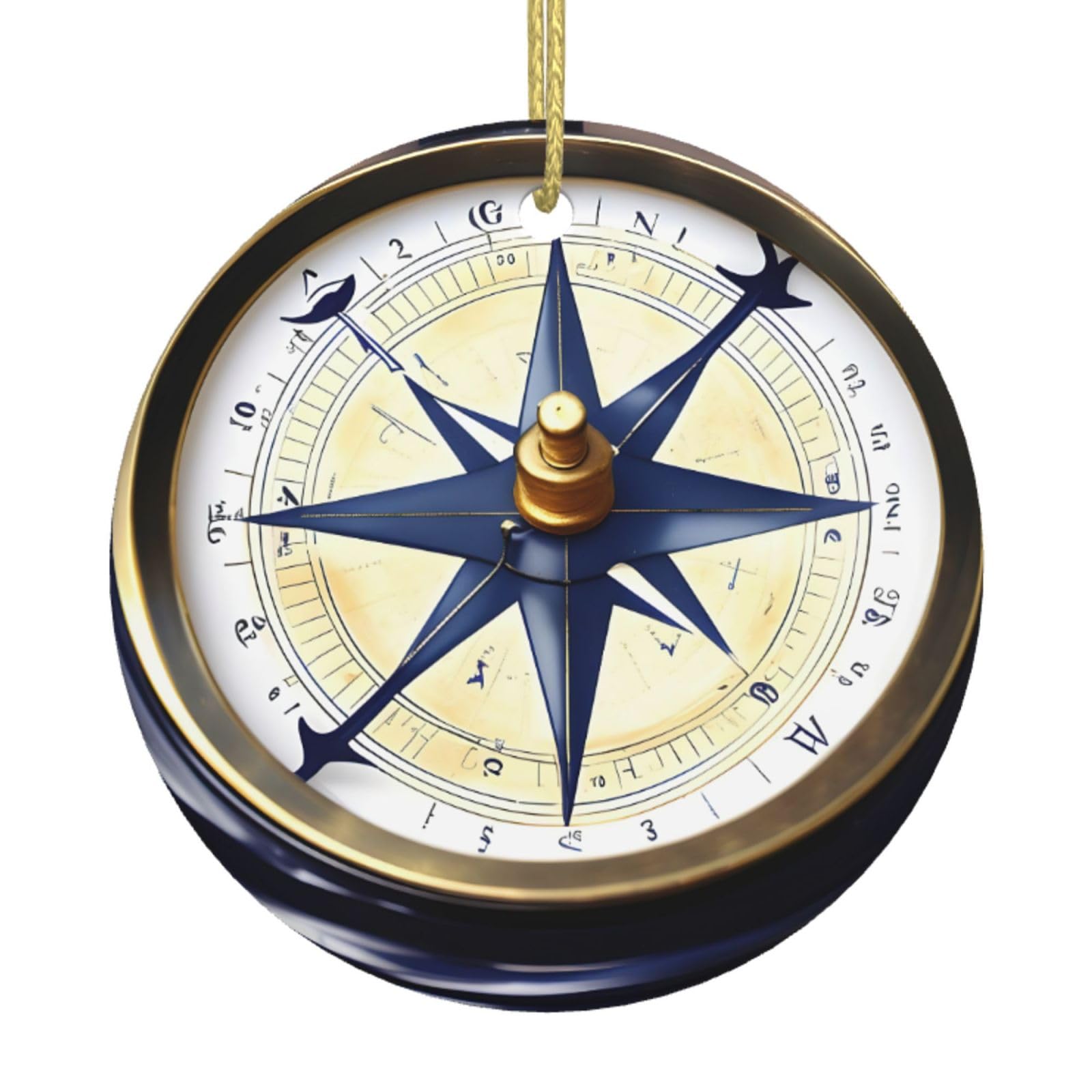 Sail Boat Nautical Compass Print Christmas Ornaments, Ceramic Hanging Ornament, Round Shape Decorations