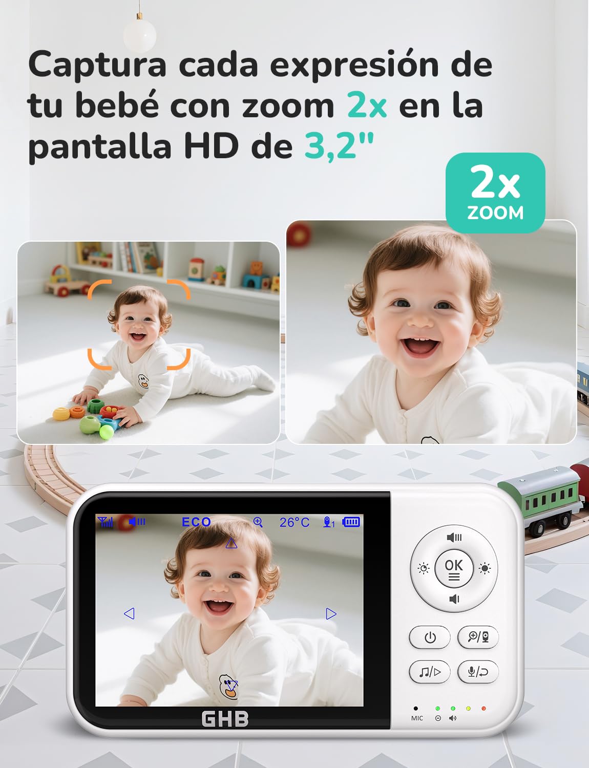 GHB Camara Vigilancia Bebe Vigilabebes con Camara con Pantalla 3.2" HD de 2100mAh Recargable VOX, Visión Nocturna, Despertador, Conversación Bidireccional Escucha Bebes
