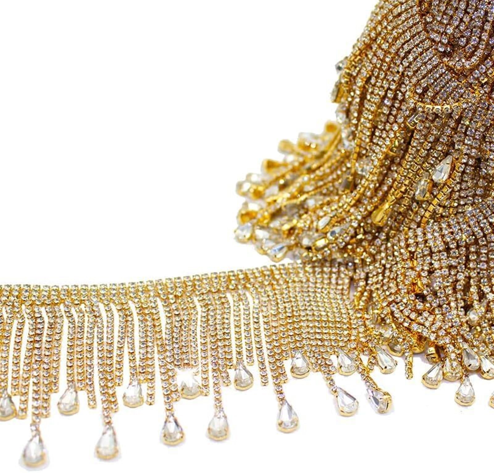 Finiture con frange, Artigianato da cucito, 2 metri di vetro fai da te Nappe con strass a goccia Catena di metallo Cristallo Oro AB Abito da ballo con frange Shinning Strass (Color : Gold) ( Color : A