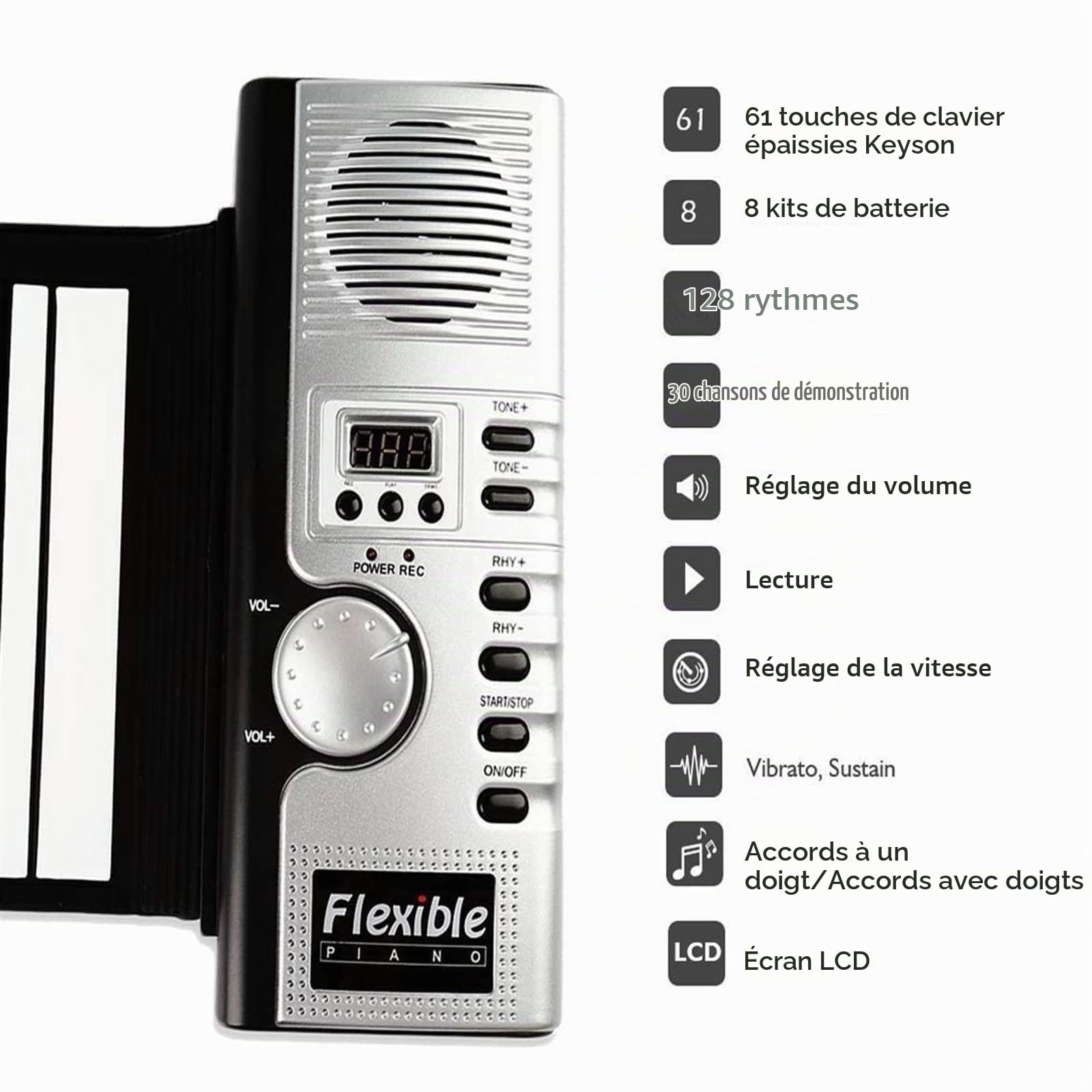 Lychee Clavier Piano Electronique Portable Flexible à 61 Touches Retroussé Roulé Roll Up Piano Souple Flexible MIDI Pliant Instruments de Musique