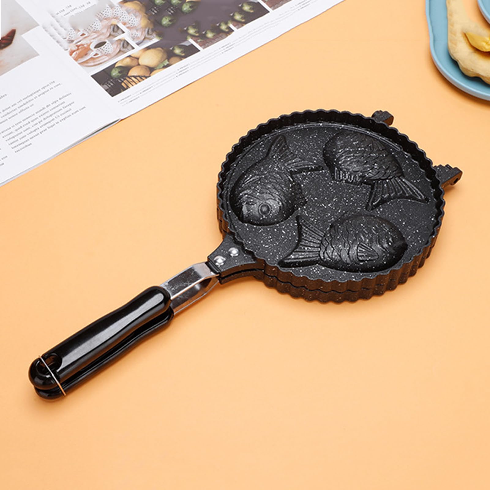 Macchina per waffle a forma di pesce, in alluminio antiaderente con manico lungo, per cucinare in cucina, robusta padella antiaderente per waffle, elettrodomestici per mercato notturno, colazione