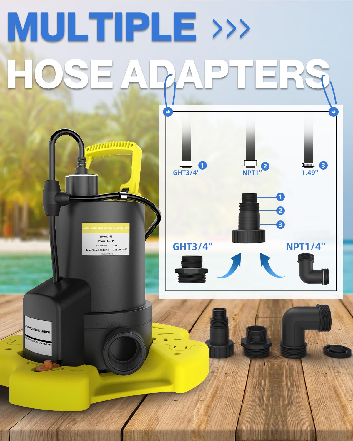 Bomba automática de cubierta de piscina – 1 CV 5000 GPH bomba de agua sumergible con válvula antirretorno y 3 adaptadores, cable de 7,6 m para bombas sobre el suelo, sistema de encendido/apagado
