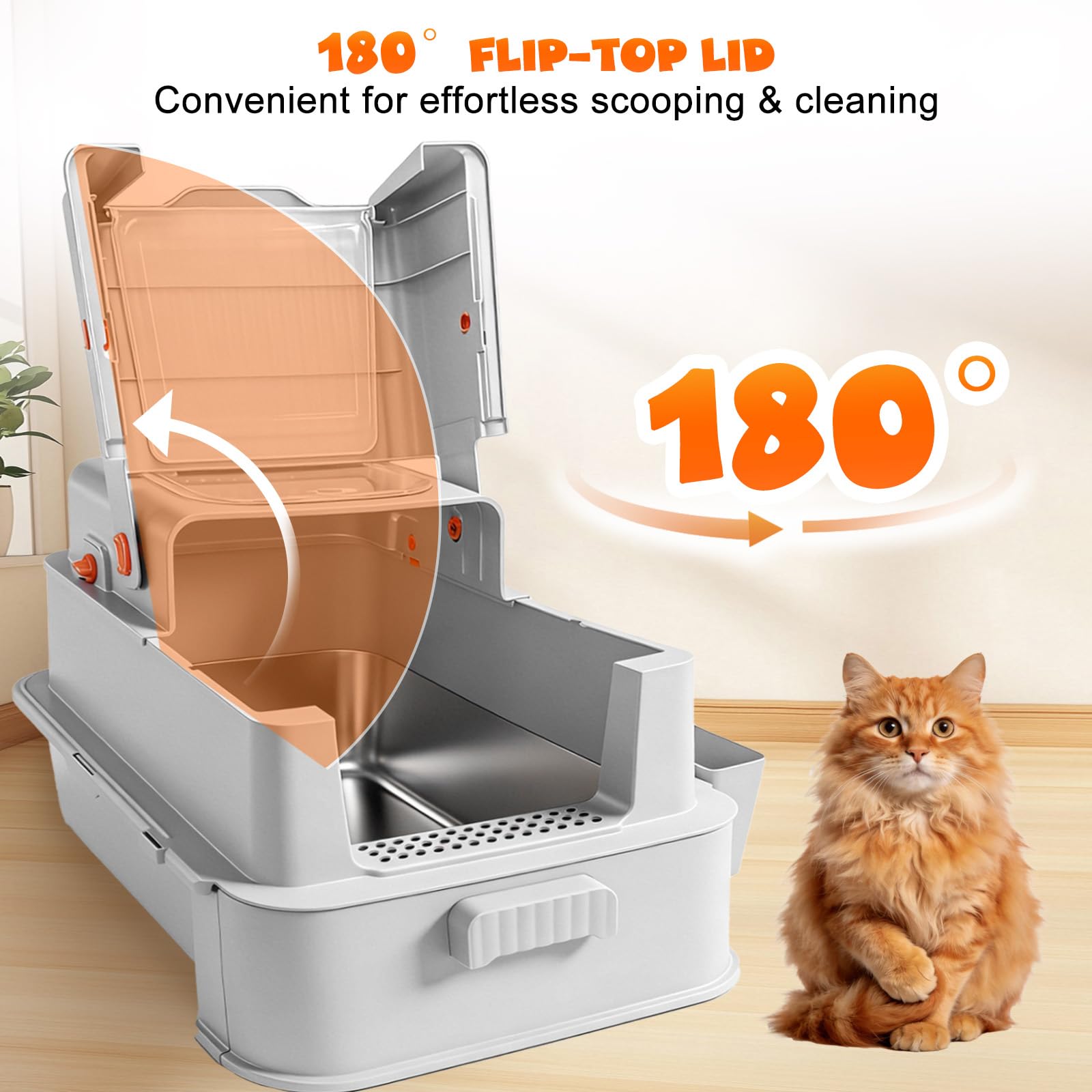 Homegroove Caja de arena cerrada para gatos de acero inoxidable con cajón, caja de metal grande para gatos con tapa para gatos de interior, bandeja de arena cubierta de metal con pala de arena y pedal
