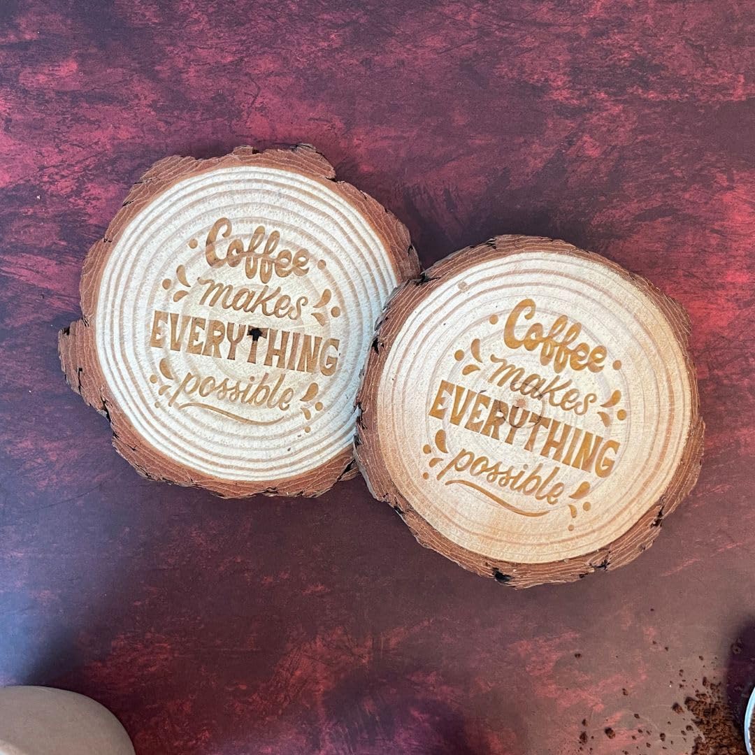Giftana Wooden Coaster Set with Engraved Quote - “Coffee Makes Everything Possible” Round Coasters for Home & Office, Eco-Friendly, Non-Slip Drink for Dinning Table, 4 Inches Diameter– Set of 2