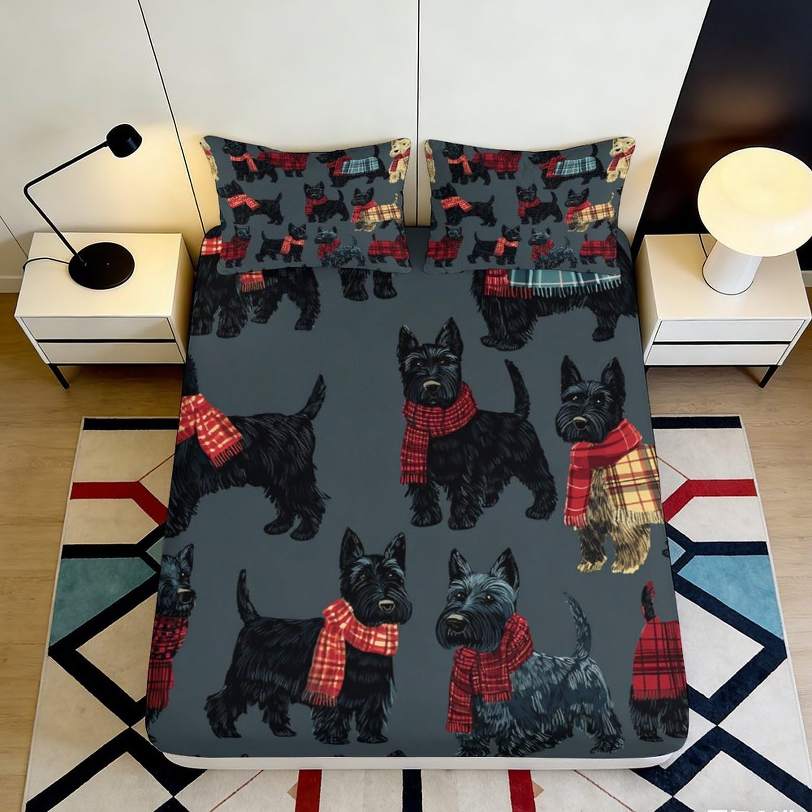 3D Printed Scottish Terrier Dog Fitted Sheet Microfiber Anti-Slip Plaid Bed Cover for Bedroom Guest Room Decor 90x200x25cm