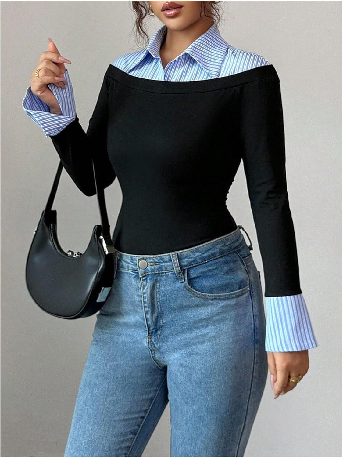 Milumia Women's Striped Collared Long Sleeve T Shirt Y2k Slim Fitted 2 in 1 Casual Work Tops - Image 5