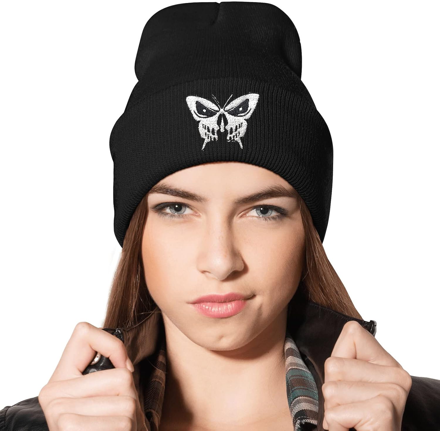 Butterfly Gothic Skull Skeleton Embroidery Beanie Hat for Men Women Winter Warm Stretch Skull Knit Hats Cap Black - Image 3