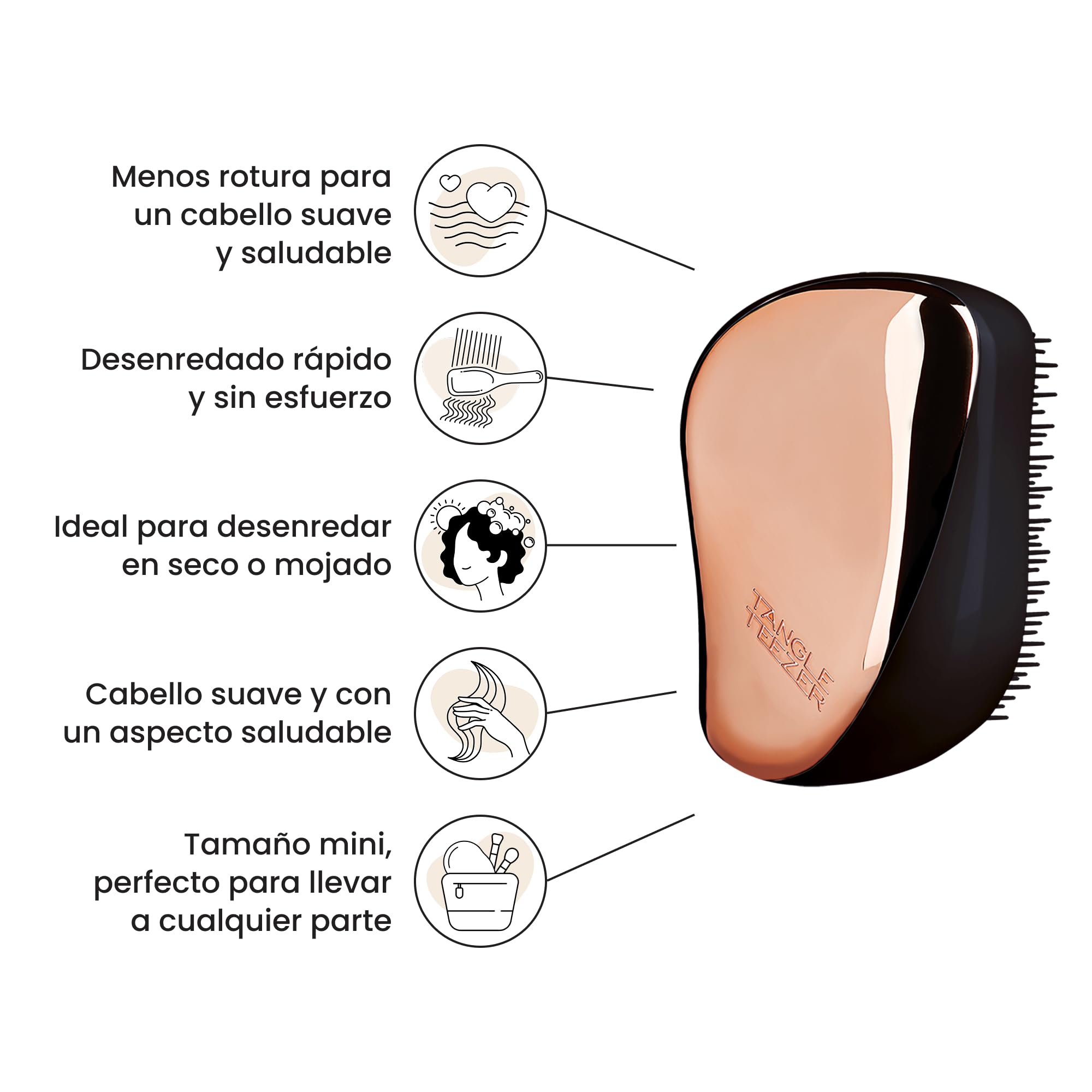 Tangle Teezer Compact Styler Detangler Hairbrush - Cepillo Desenredante Compacto - Para Pelo Seco y Mojado y Todo Tipo de Cabello - Perfecto para Viajar, con Tapa Protectora - Oro Rosa y Negro