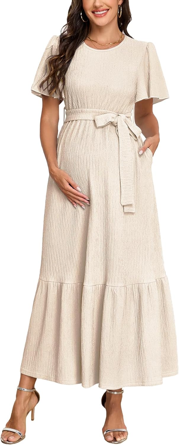 Maternity Short Sleeve Maxi Dress with Belt Crew Neck Pregnancy Tiered Ruffle Flowy Pocket Dresses Baby Shower