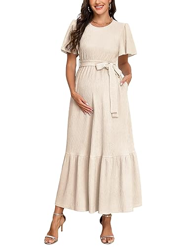 AISWI Maternity Short Sleeve Maxi Dress with Belt Crew Neck