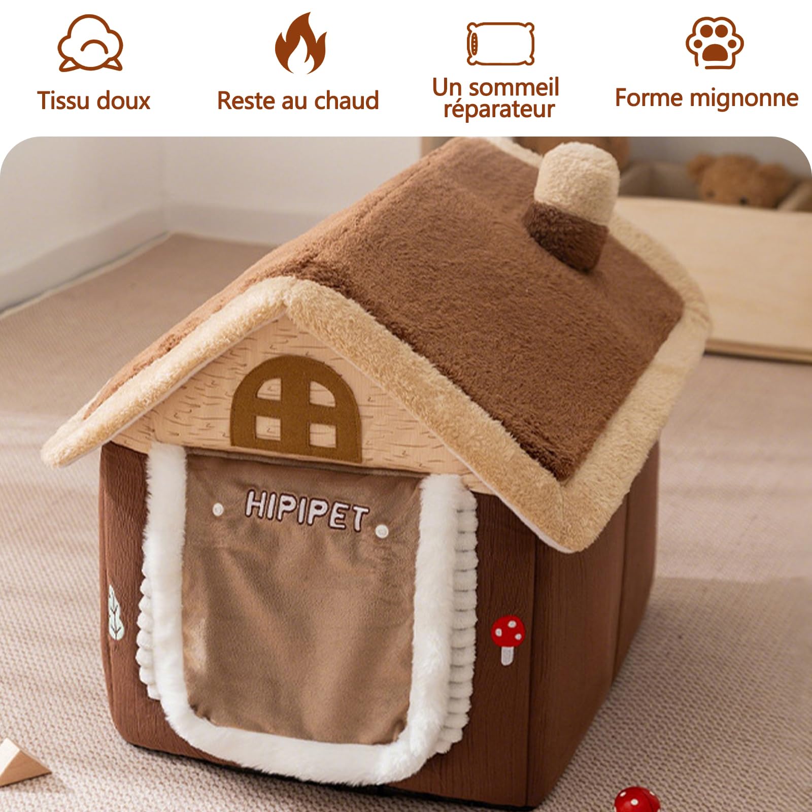 Galatée Maison pour Chat, Niche pour Chat Mignonne avec Cheminée, Niche Douce Et Confortable pour Animaux De Compagnie, Abri Chaud pour Chats, Tente pour Chien avec Coussin Amovible(L, Marron)