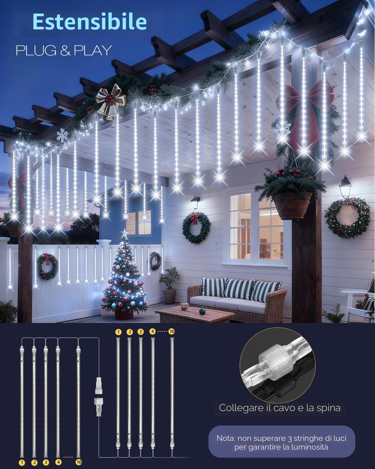 PEMOTech Luci natalizie per esterni, 16 tubi 576 LED da 16 pollici, luci per doccia meteorite all'aperto, luci impermeabili a ghiacciolo, Luces Navideñas para Exteriores, bianco, 15,2 m per albero di