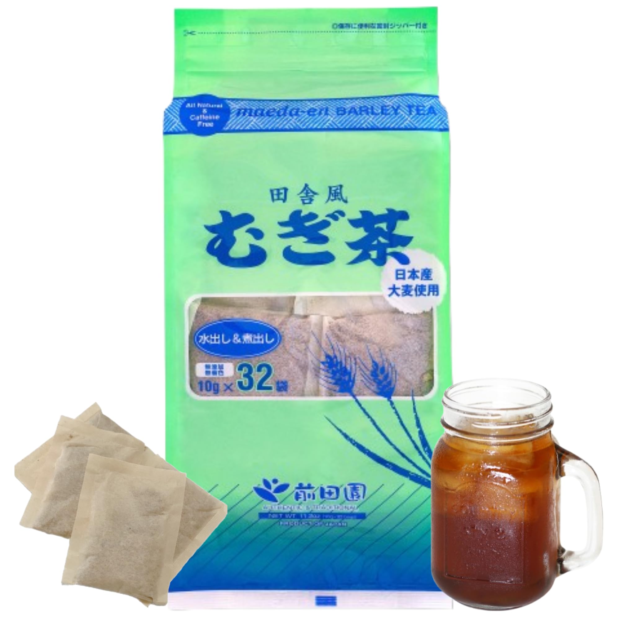MAEDA-EN Mugi-cha Barley Tea 32 Tea Bags Caffeine Free Japanese Origin Individually Wrapped Teabag 17616 1pk