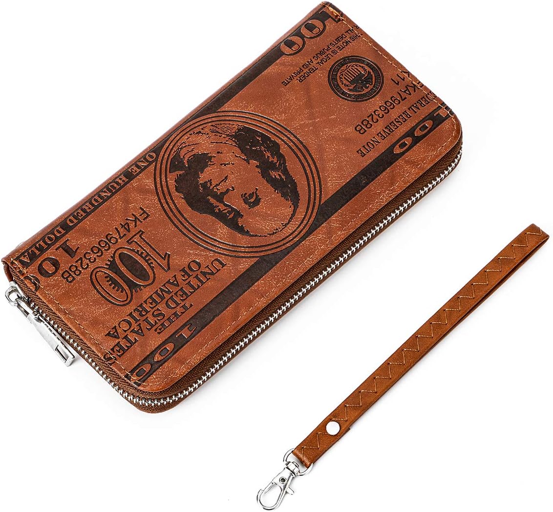 OB OURBAG Slim Wallet for Men, US $100 Dollar Bill Leather Long Card Holder Wallet Purse Brown, L