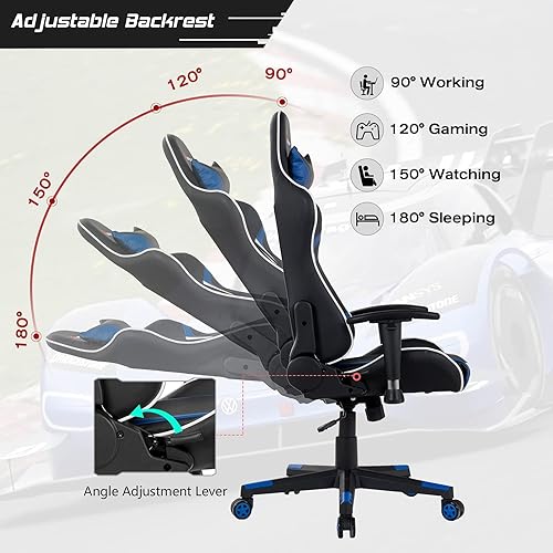 Miniatura 4 de DORTALA Silla ergonómica para videojuegos, silla de carreras de respaldo alto con soporte lumbar de masaje, bolsillo para banco de energía Azul