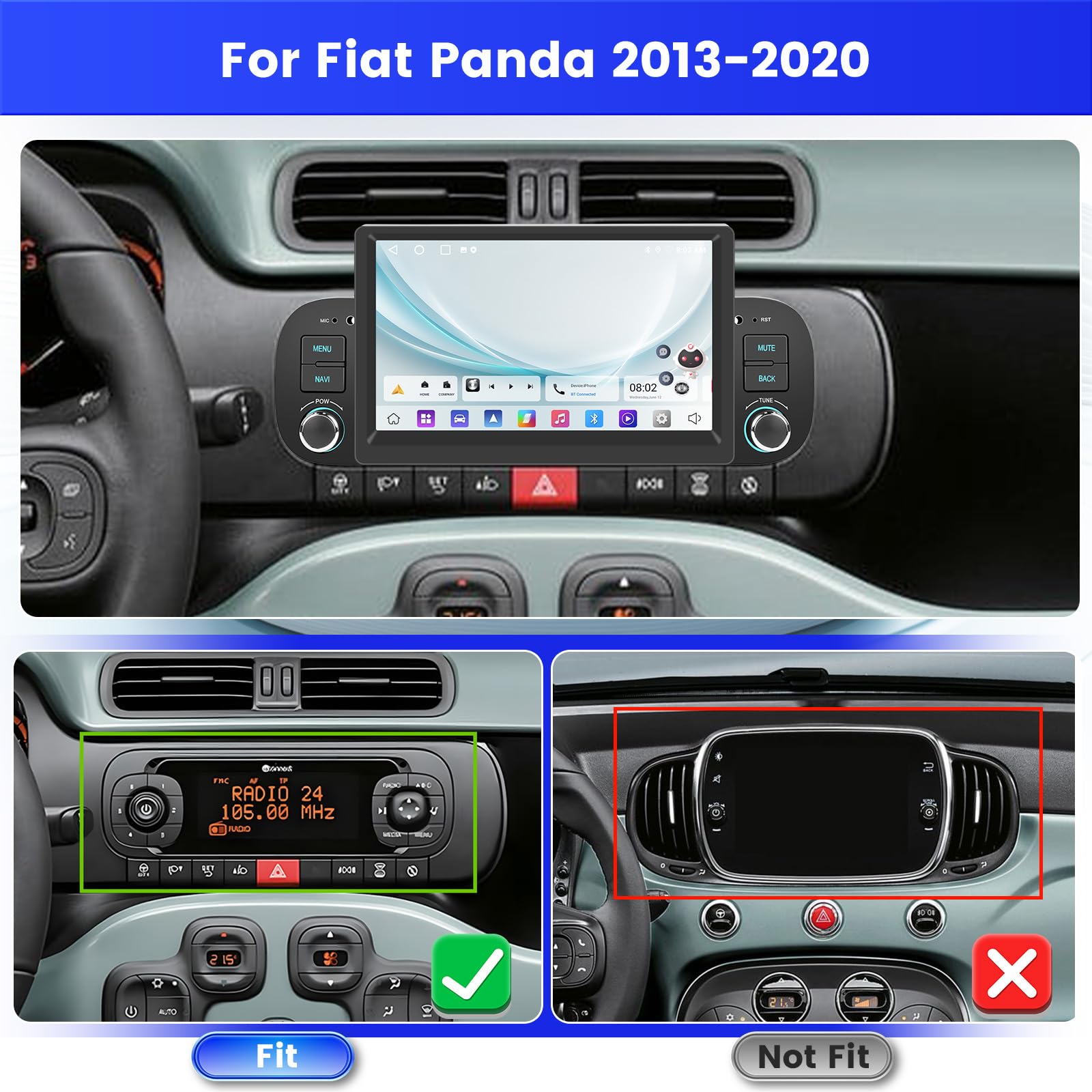 2 64G] Hodozzy Carplay Autoradio voor Fiat Panda 2002-2012, Android Autoradio, 7 Inch Touchscreen met Android Auto/WiFi/GPS/RDS/FM/Bluetooth/USB Achteruitrijcamera