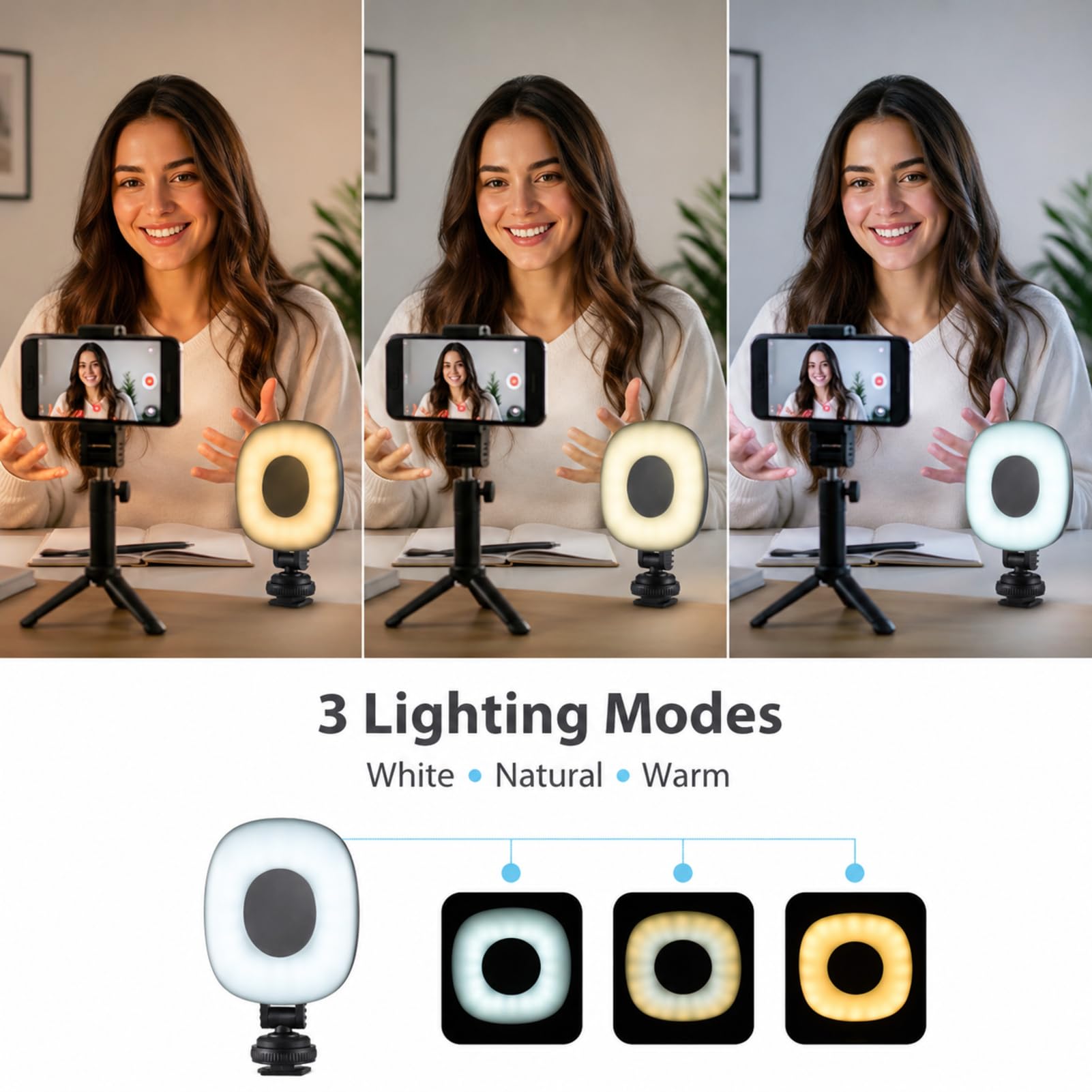 Anneau Lumineux Portable pour Appareil Photo, lumière de Remplissage d'appareil Photo, Lampe vidéo LED avec 3 Modes avec Batterie et Adaptateur de Griffe pour vlogging,