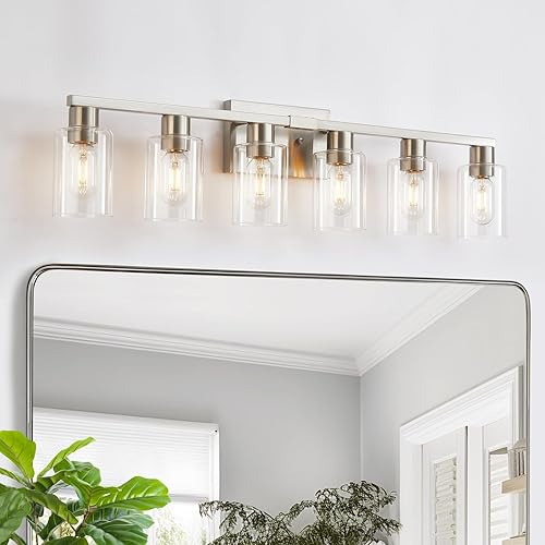 6 lámparas de baño, lámpara de tocador de baño con vidrio transparente, accesorios de iluminación de baño de níquel cepillado sobre espejo, luces de