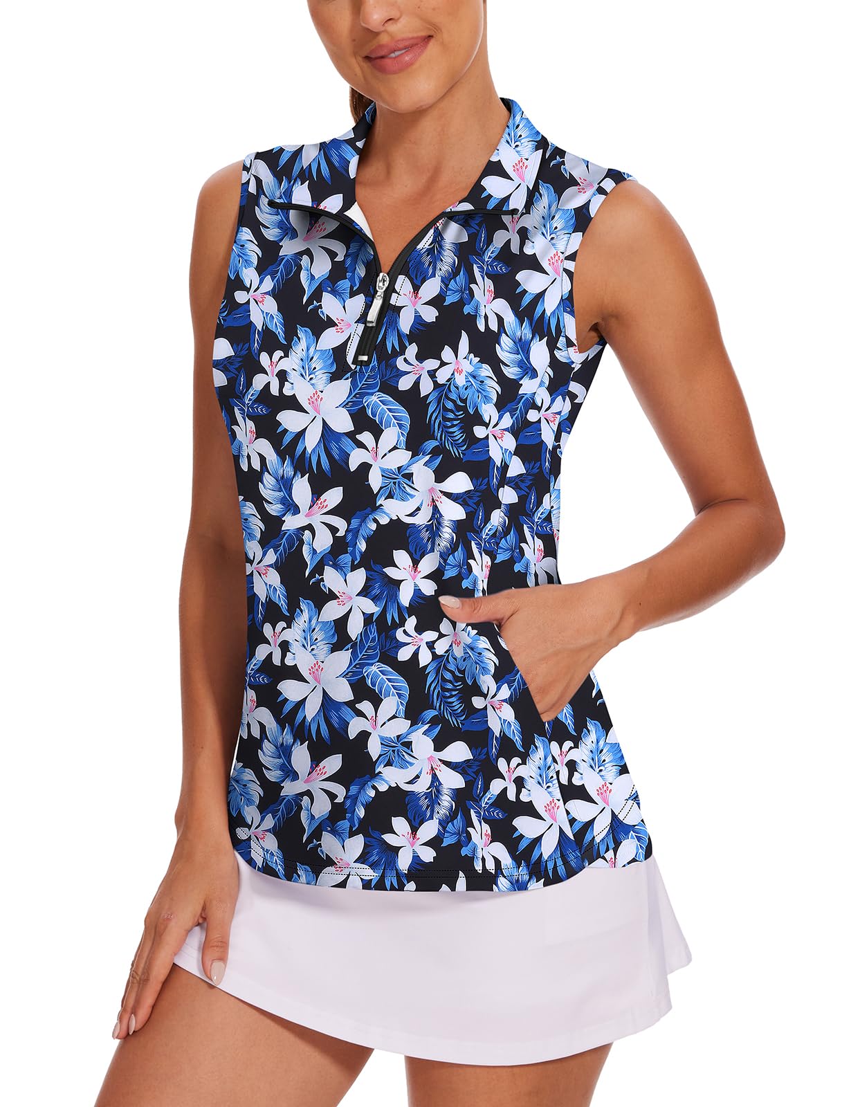 Tanst Sky Womens Sleeveless Golf Shirt Zip Up Workout Tops with Pockets