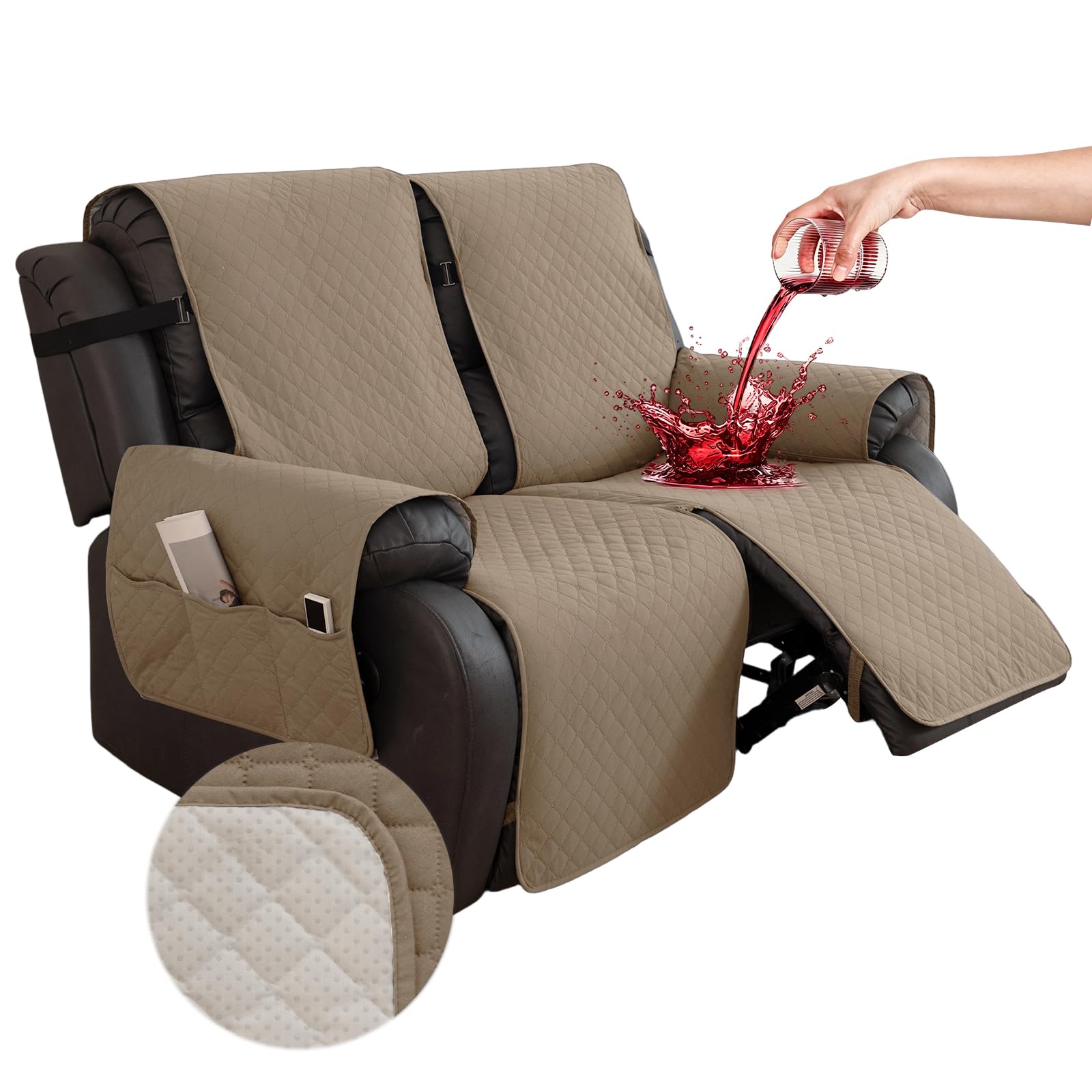 Hiiksolo Waterproof Recliner Chair Cover, Non-Slip Recliner Covers with Side Pockets, Washable Furniture Protector for Reclining Chair, Soft Velvet Slipcover for Pets Kids 2 Seater Khaki